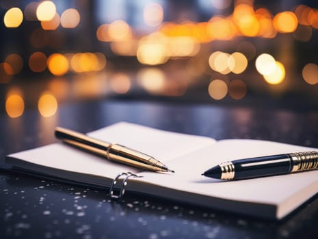 Notepad and pen for writing, stationery on wooden office table. Finance and accounting for a successful business strategy AI