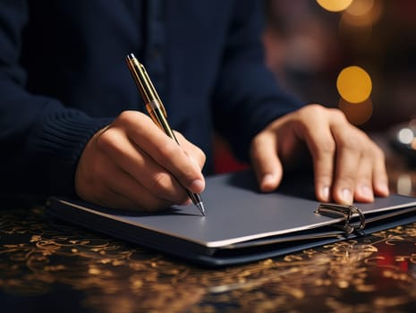 Male hand makes notes in blank notebook, close-up of hand without face with working notebook at wooden table. Finance and accounting for a successful business strategy AI