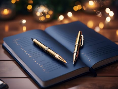 Notepad and pen for writing, stationery on wooden office table. Finance and accounting for a successful business strategy AI