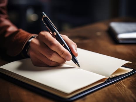 Male hand makes notes in blank notebook, close-up of hand without face with working notebook at wooden table. Finance and accounting for a successful business strategy AI