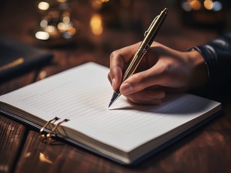 Male hand makes notes in blank notebook, close-up of hand without face with working notebook at wooden table. Finance and accounting for a successful business strategy AI