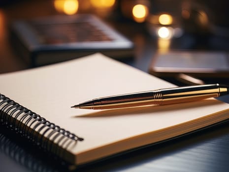 Notepad and pen for writing, stationery on wooden office table. Finance and accounting for a successful business strategy AI