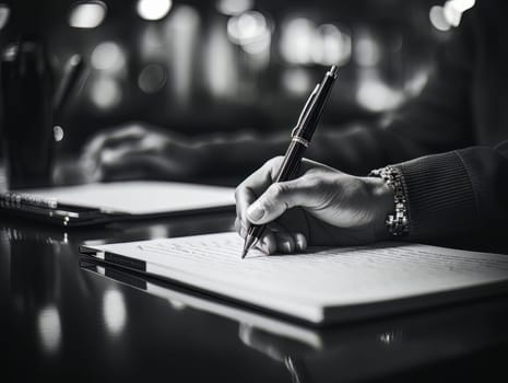 Male hand makes notes in blank notebook, close-up of hand without face with working notebook at wooden table, black and white image. Finance and accounting for a successful business strategy AI