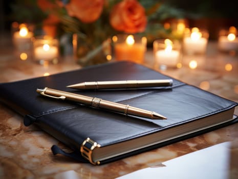 Notepad and pen for writing, stationery on wooden office table. Finance and accounting for a successful business strategy AI