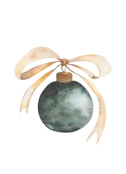 watercolor drawing of a green Christmas ball with a gold bow. drawing without background for cards, printing on pillows, T-shirts, posters, banners. High quality illustration