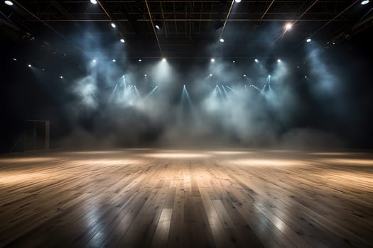 An empty stage for a performance in the rays of spotlights and clouds of smoke.