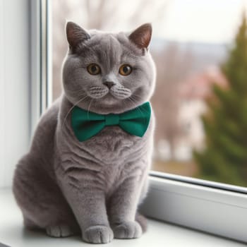 Noble proud cat lying on window sill. The British Shorthair with blue gray fur