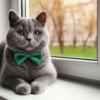 Noble proud cat lying on window sill. The British Shorthair with blue gray fur