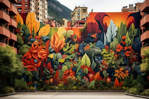 Beautiful mural on the wall depicting nature in a city in the mountains.