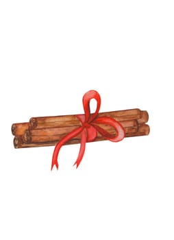 watercolor drawing of cinnamon. cinnamon sticks with red bow. for your creativity. High quality photo