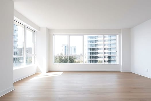 Empty modern room with white walls and large windows Minimalist interior design in a luxury apartment The space is clean and contemporary by Generative AI.