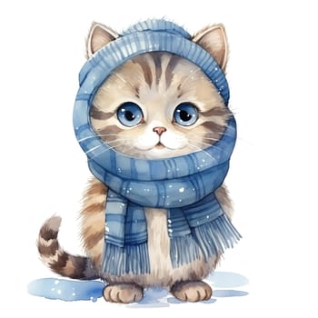 Cute Christmas Watercolor cat in a hat and scarf. AI generated.