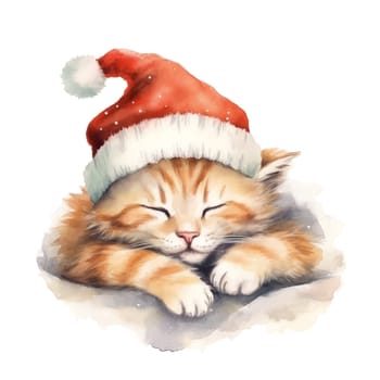 Cute Christmas Watercolor cat in a hat. AI generated.