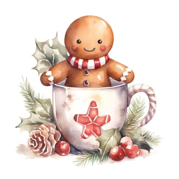 Watercolor Christmas sticker with Christmas Eve. Cup with gingerbread, Christmas tree and pine cones. AI generated.