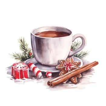 Watercolor Christmas sticker with Christmas Eve. Cup with gingerbread, Christmas tree and holiday spices. AI generated.