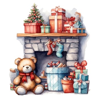 Watercolor Christmas sticker fireplace with gifts. Christmas gifts, sock, teddy bear. AI generated.