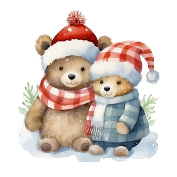 Cute Christmas watercolor teddy bear in a hat and scarf. AI generated.