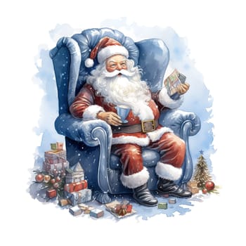 Watercolor Christmas sticker Santa Claus in a chair. Santa Claus with Christmas gifts. AI generated.