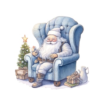 Watercolor Christmas sticker Santa Claus in a chair. Santa Claus with Christmas gifts. AI generated.