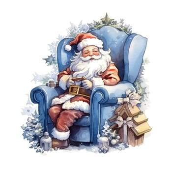 Watercolor Christmas sticker Santa Claus in a chair. Santa Claus with Christmas gifts. AI generated.