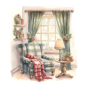 Watercolor Christmas Cozy Reading Corner Sublimation. AI generated.