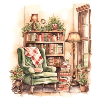 Watercolor Christmas Cozy Reading Corner Sublimation. AI generated.