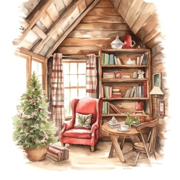 Watercolor Christmas Cozy Reading Corner Sublimation. AI generated.