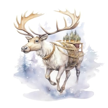 Watercolor Christmas deer with sled Sublimation. AI generated.