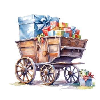 Watercolor christmas wagon with gifts Sublimation. AI generated.