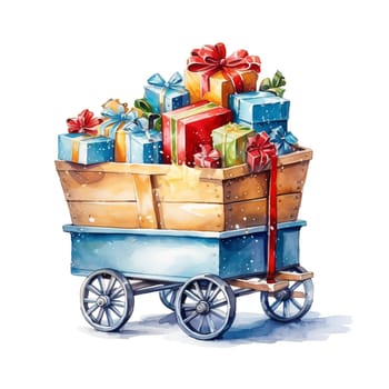 Watercolor christmas wagon with gifts Sublimation. AI generated.