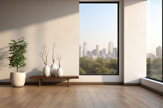 Empty modern room with white walls and large windows Minimalist interior design in a luxury apartment The space is clean and contemporary by Generative AI.