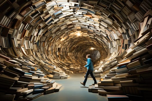 Tunnel of books. Blurred background. Books and knowledge concept.