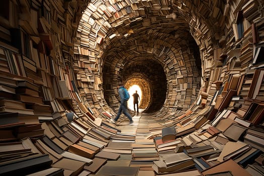 Tunnel of books. Blurred background. Books and knowledge concept.