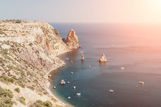 Aerial panoramic view of beautiful sunset above sea. Beautiful seascape. Sun glare, small waves on the water surface. Evening. Horizon. Nobody. No people. Copy space. Never-ending beauty of nature