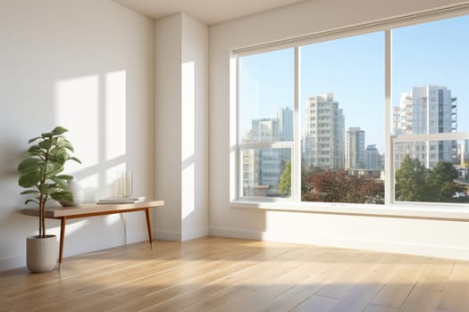 Empty modern room with white walls and large windows Minimalist interior design in a luxury apartment The space is clean and contemporary by Generative AI.