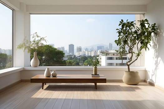 Empty modern room with white walls and large windows Minimalist interior design in a luxury apartment The space is clean and contemporary by Generative AI.