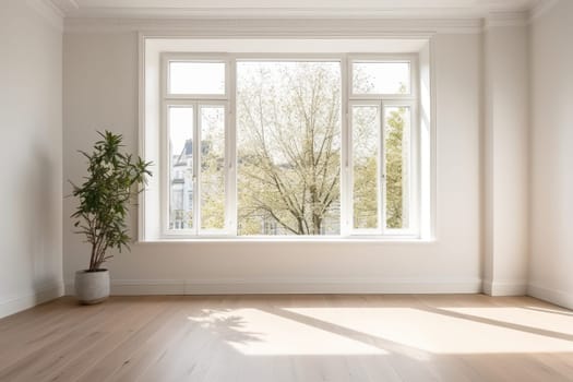 Empty modern room with white walls and large windows Minimalist interior design in a luxury apartment The space is clean and contemporary by Generative AI.