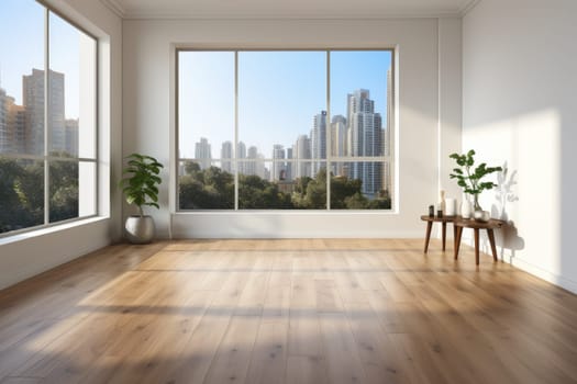 Empty modern room with white walls and large windows Minimalist interior design in a luxury apartment The space is clean and contemporary by Generative AI.