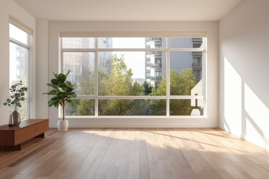 Empty modern room with white walls and large windows Minimalist interior design in a luxury apartment The space is clean and contemporary by Generative AI.