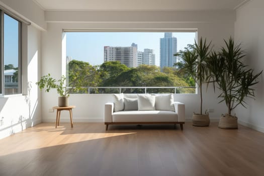 Empty modern room with white walls and large windows Minimalist interior design in a luxury apartment The space is clean and contemporary by Generative AI.