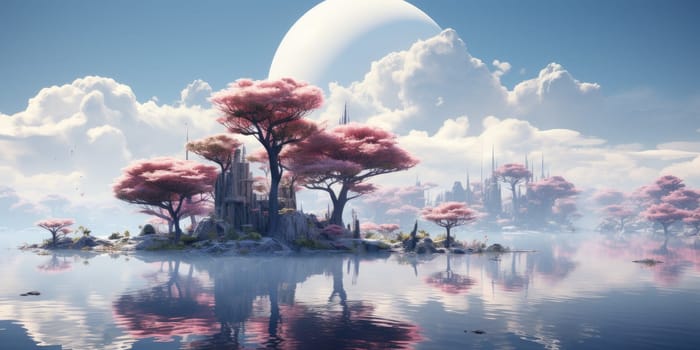 A surreal dreamscape of a floating island that defies gravity. Floating in the endless sky It invites you to explore your imagination. Dreamlike abstract concept by Generative AI.