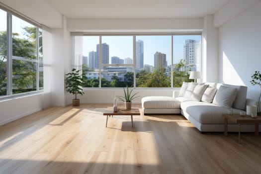 Empty modern room with white walls and large windows Minimalist interior design in a luxury apartment The space is clean and contemporary by Generative AI.