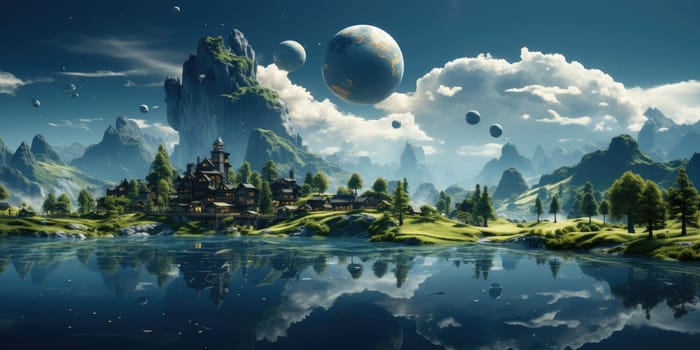 A surreal dreamscape of a floating island that defies gravity. Floating in the endless sky It invites you to explore your imagination. Dreamlike abstract concept by Generative AI.