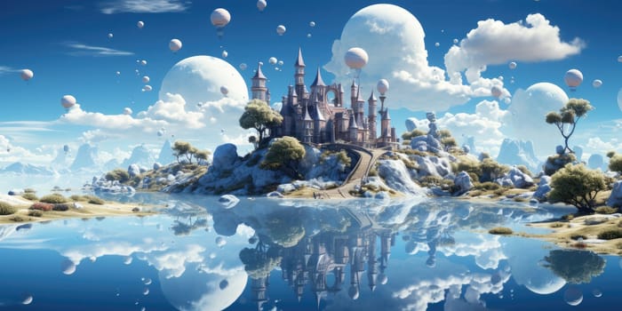 A surreal dreamscape of a floating island that defies gravity. Floating in the endless sky It invites you to explore your imagination. Dreamlike abstract concept by Generative AI.