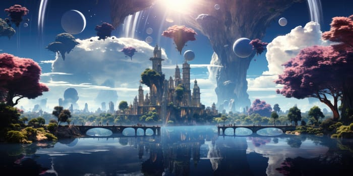 A surreal dreamscape of a floating island that defies gravity. Floating in the endless sky It invites you to explore your imagination. Dreamlike abstract concept by Generative AI.