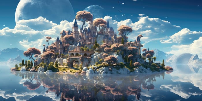 A surreal dreamscape of a floating island that defies gravity. Floating in the endless sky It invites you to explore your imagination. Dreamlike abstract concept by Generative AI.