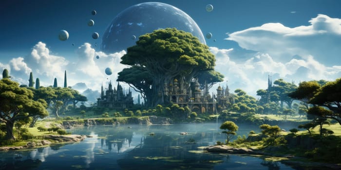 A surreal dreamscape of a floating island that defies gravity. Floating in the endless sky It invites you to explore your imagination. Dreamlike abstract concept by Generative AI.