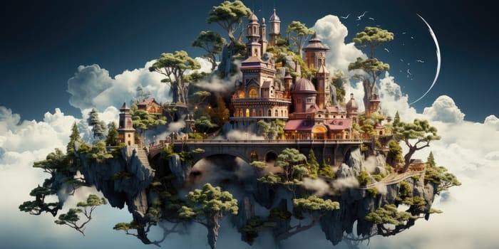 A surreal dreamscape of a floating island that defies gravity. Floating in the endless sky It invites you to explore your imagination. Dreamlike abstract concept by Generative AI.