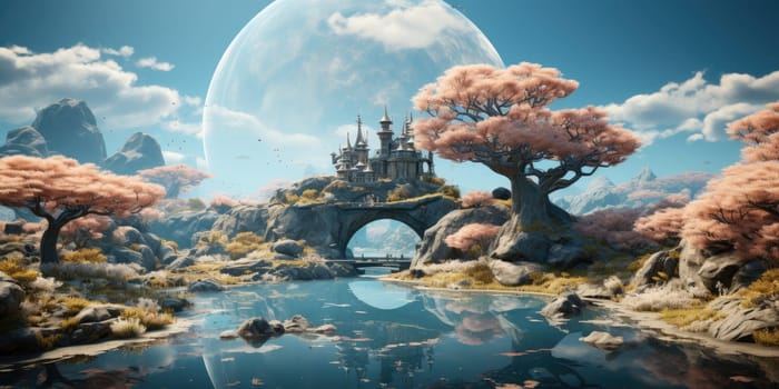 A surreal dreamscape of a floating island that defies gravity. Floating in the endless sky It invites you to explore your imagination. Dreamlike abstract concept by Generative AI.