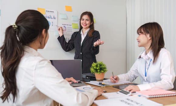 Business People Meeting using laptop computer, calculator, stock market chart paper for analysis Plans to improve quality next month. Conference Discussion Corporate Concept.